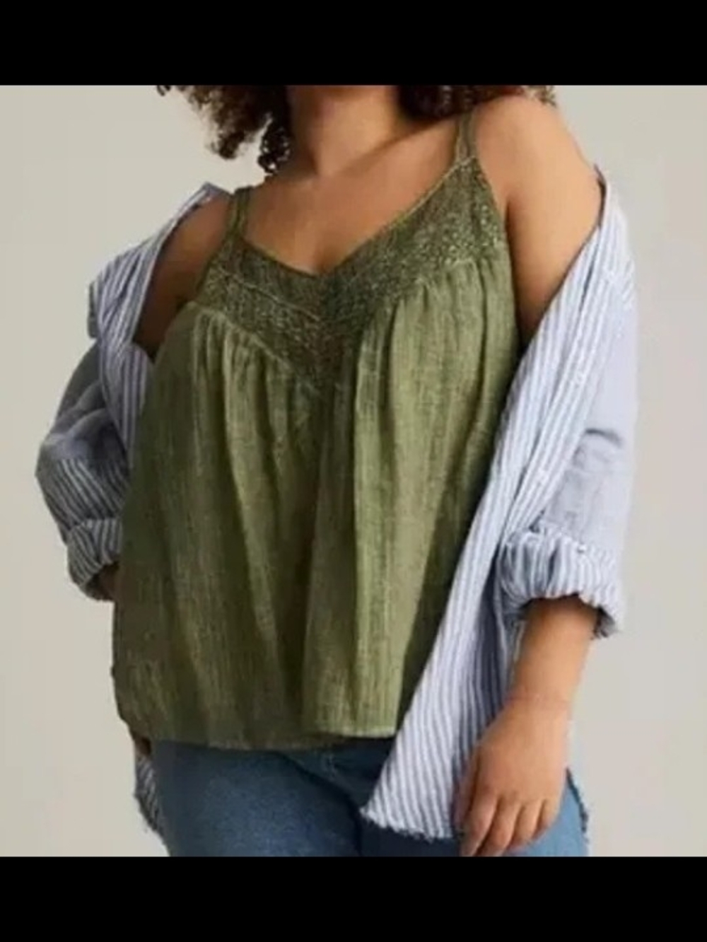 Lace-Trim Olive Green V-Neck Cami Tank